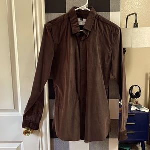 Topman velvet Med slim fit brown button down shirt